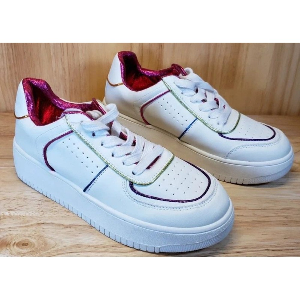 Steve Madden Girls White Platform Sneakers Rainbow Metallic Trim Size‎ 4 Youth